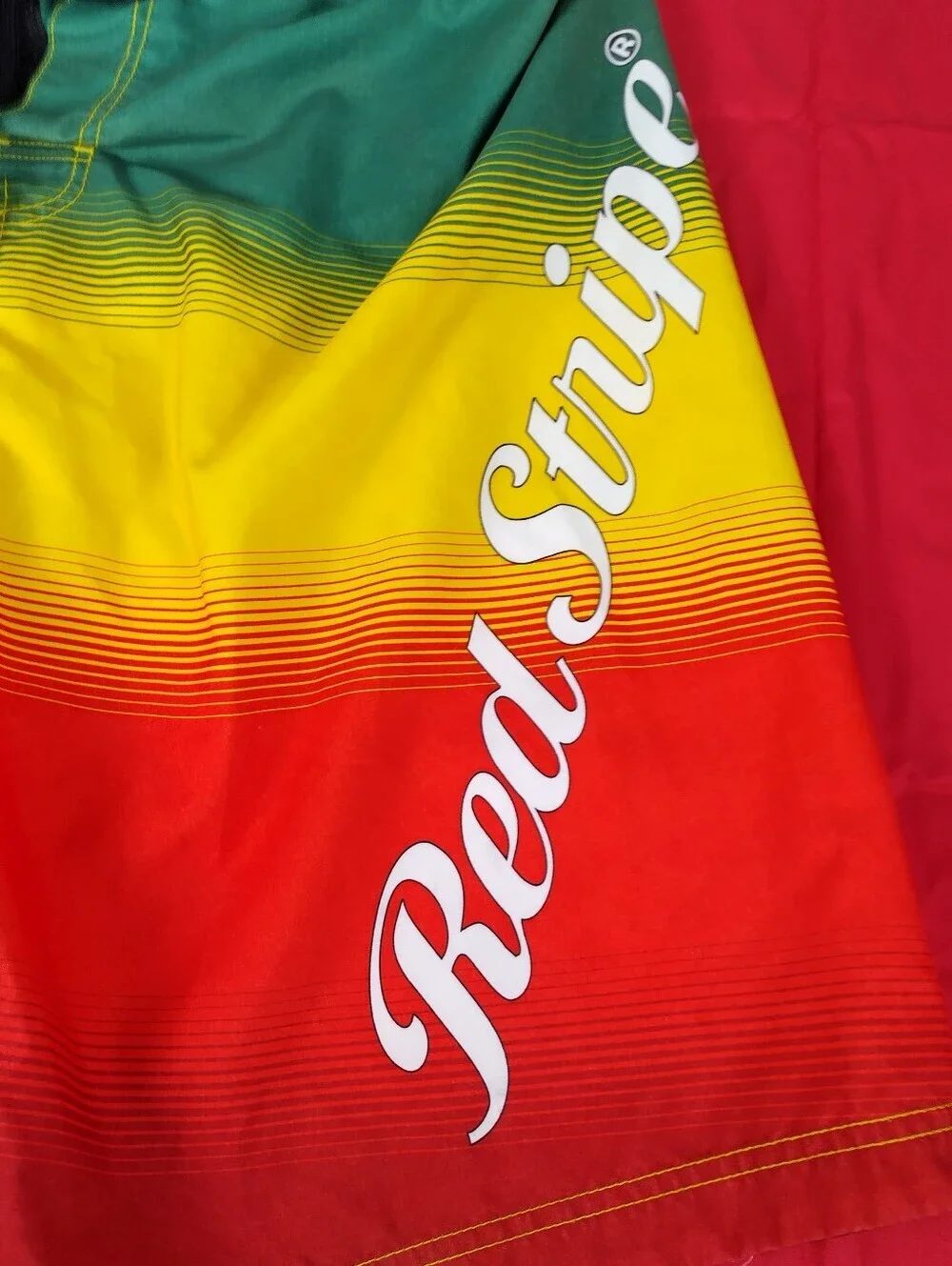 RED STRIPE Men'sJamaican Lager Beer Swim Trunks Shorts Sz36 Rasta Reggae Colors